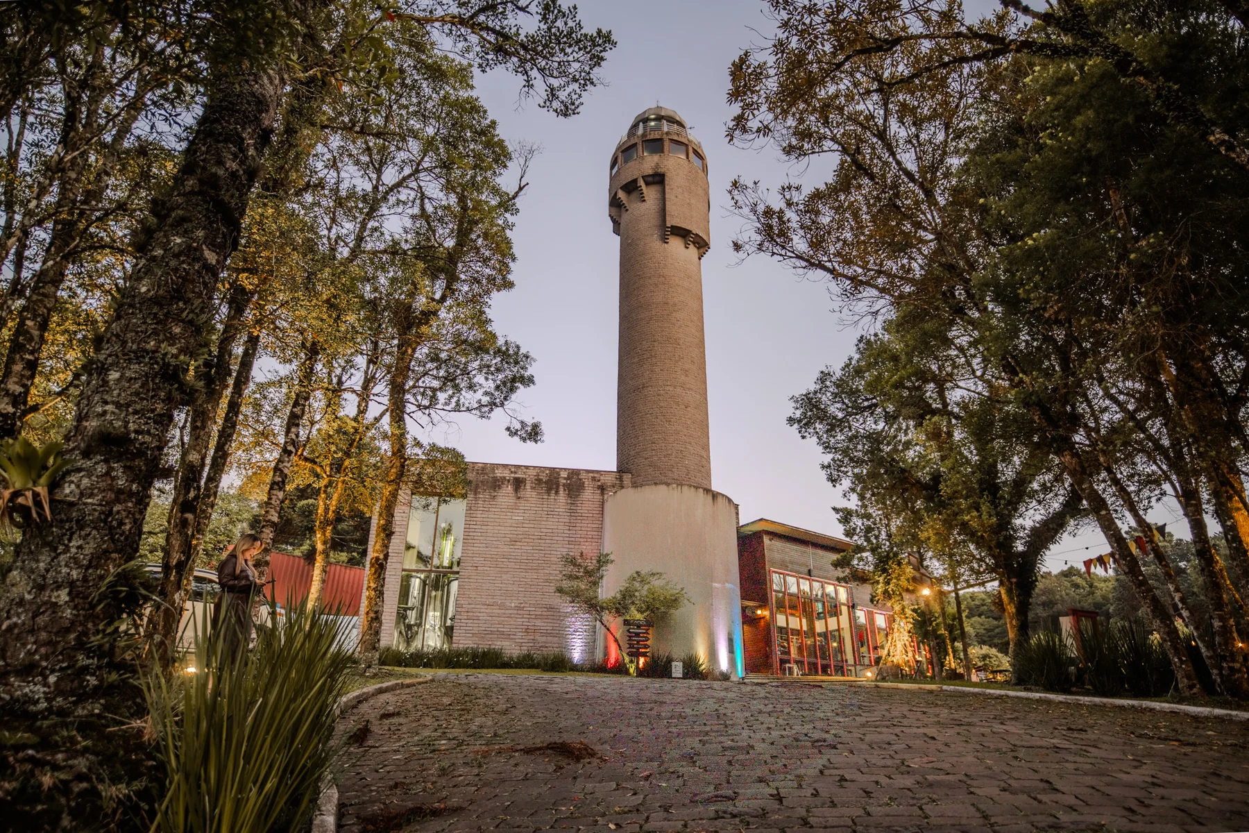 Torre da Cervejaria Farol entre árvores ao entardecer